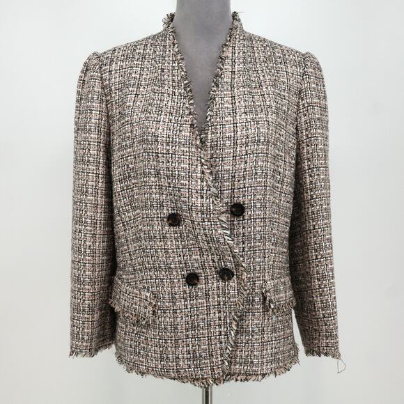 Ann Taylor Jacket Womens 16 Beige Ivory Double Breasted Fringe Lined Blazer - Picture 16 of 16